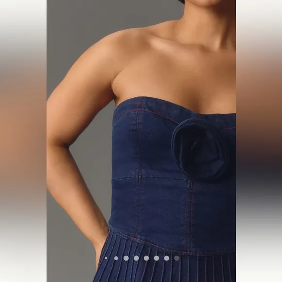 Anthropologie Maeve-Rosette Strapless Fit &amp; Flare Denim Mini Dress,Blue, Size 14