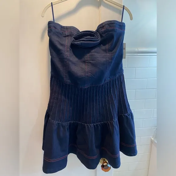 Anthropologie Maeve-Rosette Strapless Fit &amp; Flare Denim Mini Dress,Blue, Size 14