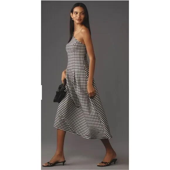 Anthropologie One Shoulder Gingham Midi Classic Dress Sz Lg NWT