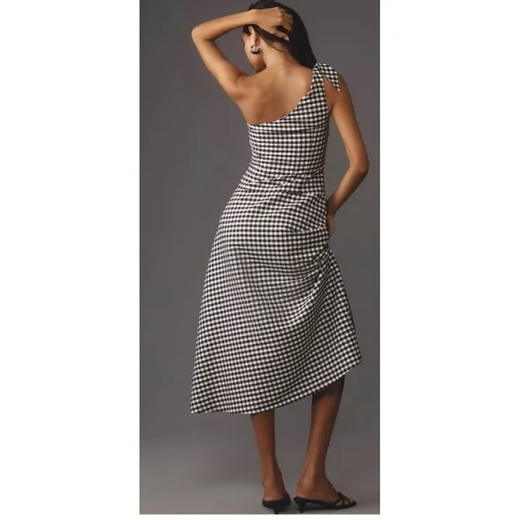 Anthropologie One Shoulder Gingham Midi Classic Dress Sz Lg NWT