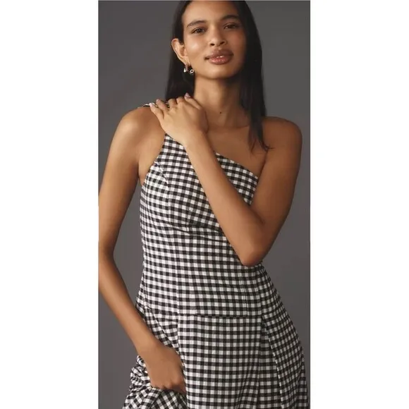 Anthropologie One Shoulder Gingham Midi Classic Dress Sz Lg NWT