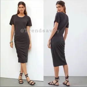 ANTHROPOLOGIE Sundry Ruched Tee Shirt Midi Dress Short Sleeve Slit Hem Black NWT