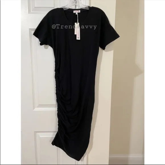 ANTHROPOLOGIE Sundry Ruched Tee Shirt Midi Dress Short Sleeve Slit Hem Black NWT