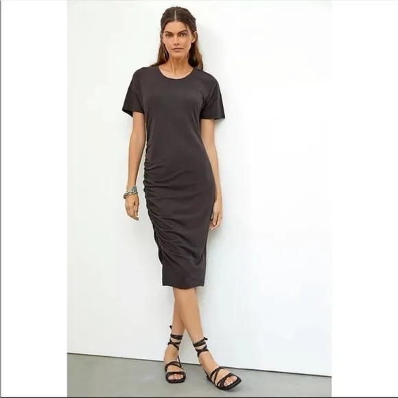 ANTHROPOLOGIE Sundry Ruched Tee Shirt Midi Dress Short Sleeve Slit Hem Black NWT