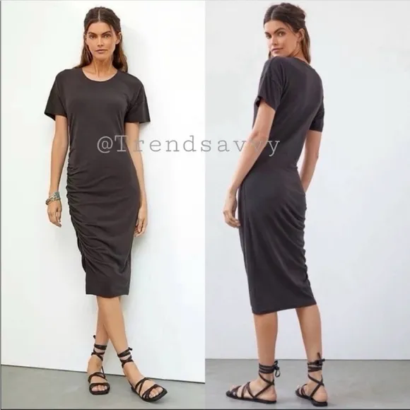 ANTHROPOLOGIE Sundry Ruched Tee Shirt Midi Dress Short Sleeve Slit Hem Black NWT
