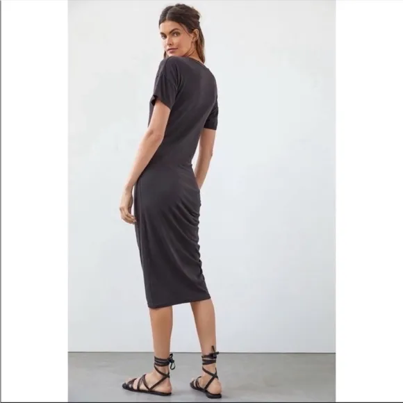 ANTHROPOLOGIE Sundry Ruched Tee Shirt Midi Dress Short Sleeve Slit Hem Black NWT