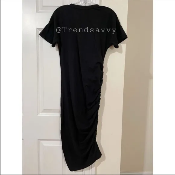 ANTHROPOLOGIE Sundry Ruched Tee Shirt Midi Dress Short Sleeve Slit Hem Black NWT