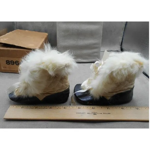 Antique Baby Slippers Shoes White Rabbit Fur Quilted Leather Sole w/Box