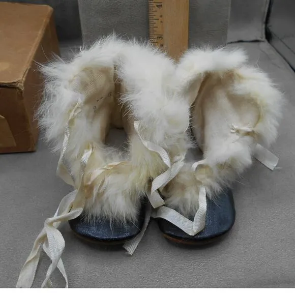 Antique Baby Slippers Shoes White Rabbit Fur Quilted Leather Sole w/Box