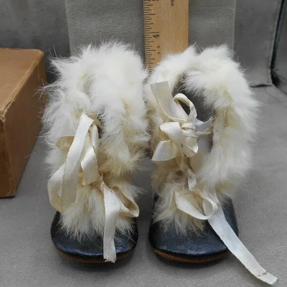 Antique Baby Slippers Shoes White Rabbit Fur Quilted Leather Sole w/Box