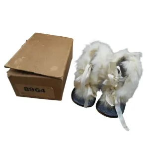 Antique Baby Slippers Shoes White Rabbit Fur Quilted Leather Sole w/Box