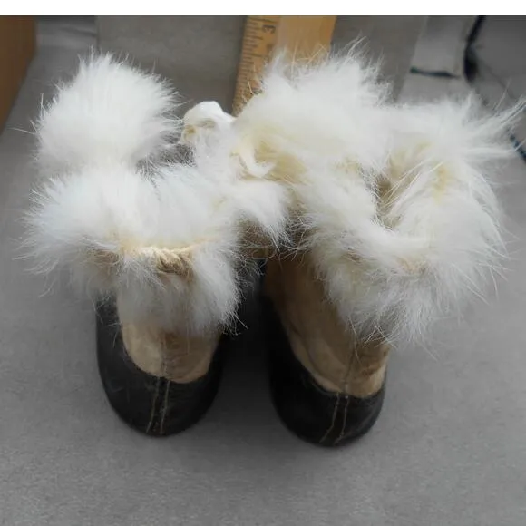 Antique Baby Slippers Shoes White Rabbit Fur Quilted Leather Sole w/Box