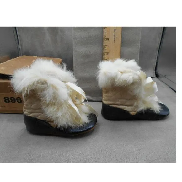 Antique Baby Slippers Shoes White Rabbit Fur Quilted Leather Sole w/Box