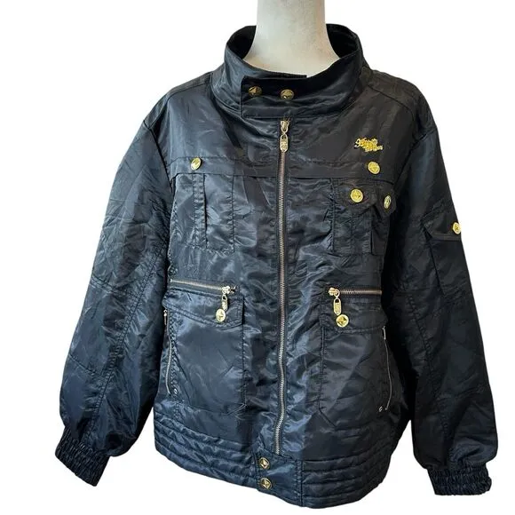 Apple Bottoms Bomber Jacket Womens 3X Black Gold Studded Y2k Goth Hip Hop Club