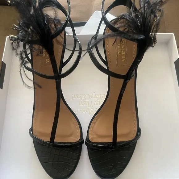 Aquazzura Ponza Black Feather-Embellished Sandals Size 40. Brand New in Box