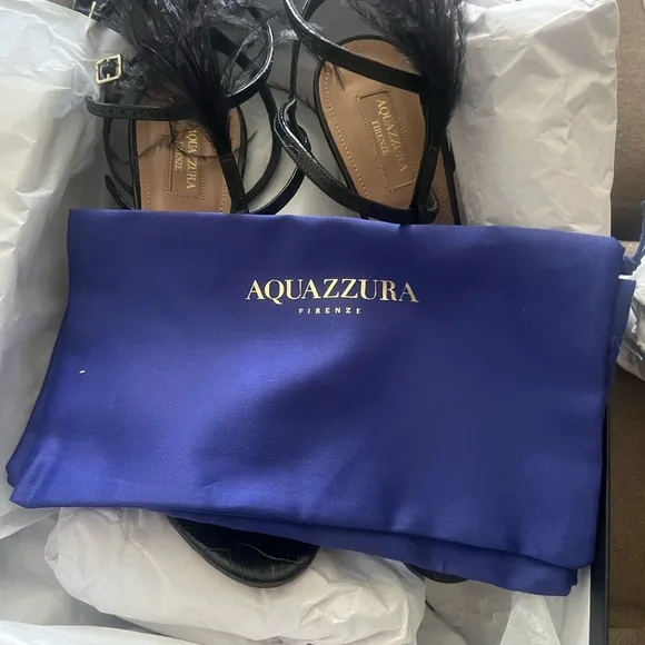 Aquazzura Ponza Black Feather-Embellished Sandals Size 40. Brand New in Box