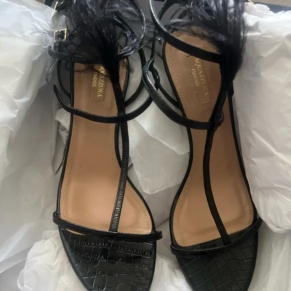 Aquazzura Ponza Black Feather-Embellished Sandals Size 40. Brand New in Box