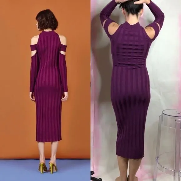 ARC Garmentory Ruthie Cold Shoulder Ribbed BodyCon Midi Dress Cutout