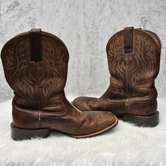 Ariat Sport Wide Square Toe Cowboy Boots Leather Fiddle Brown Men's 7.5 D READ