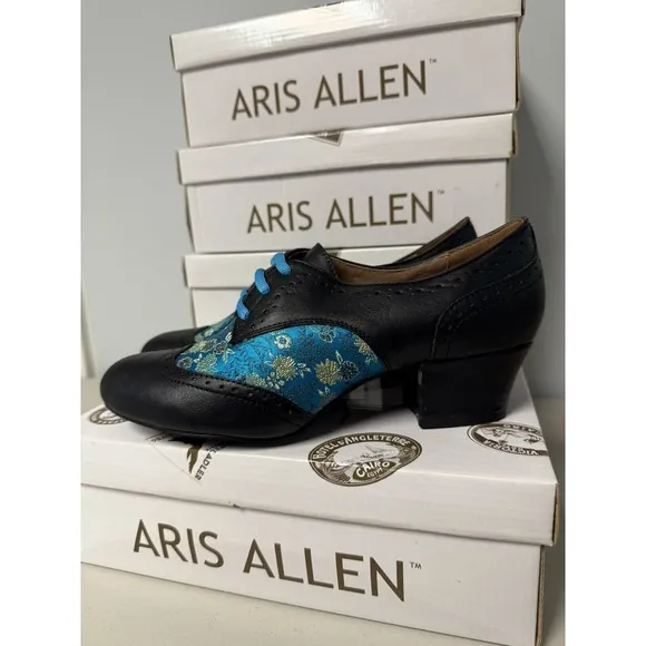 ARIS ALLEN WOMEN CLASSIC BLUE/BLACK EMBROIDERED OXFORD DANCE LOW HEEL SHOES 8