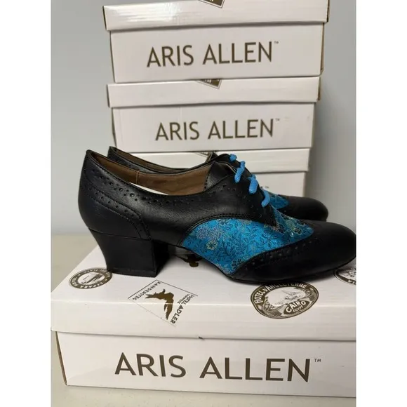 ARIS ALLEN WOMEN CLASSIC BLUE/BLACK EMBROIDERED OXFORD DANCE LOW HEEL SHOES 8