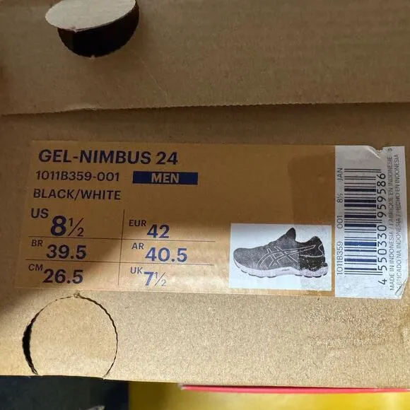 ASICS Gel-Nimbus 24 Men's Size 8.5 Running Black White Training Shoes