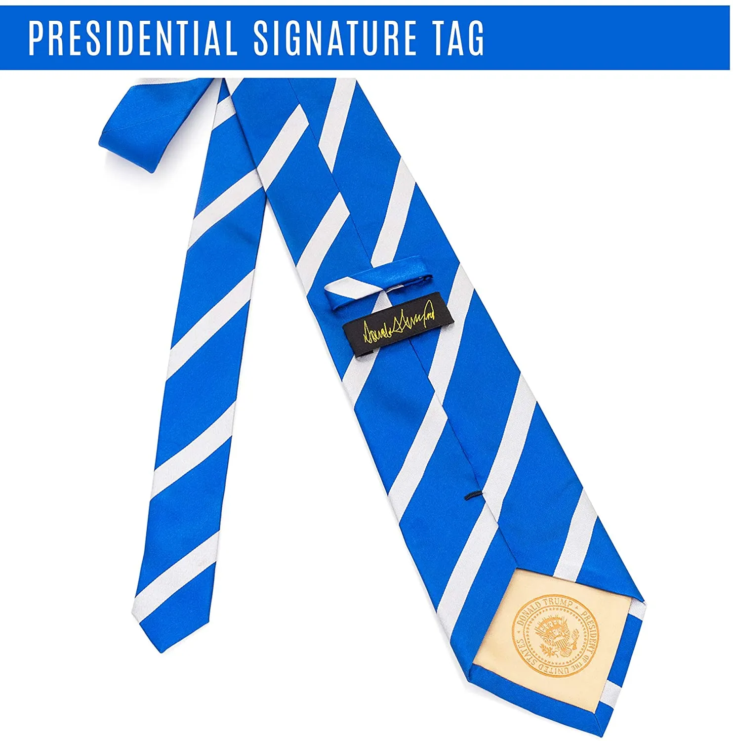 Authentic Donald J. Trump Signature Silk Blue Neck Tie Gold Backing with Gold Embroidery Stitching