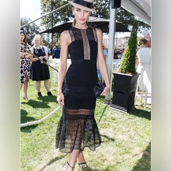 Authentic Self-Portrait Frilled Column Dress Mesh Laser Cut Dress