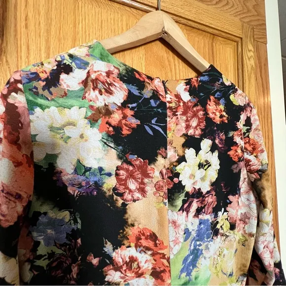 Badgley Mischka Dress Womens Size 4 Floral 3/4 Sleeve V-Neck Ruched Black Prom