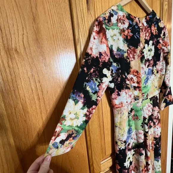 Badgley Mischka Dress Womens Size 4 Floral 3/4 Sleeve V-Neck Ruched Black Prom