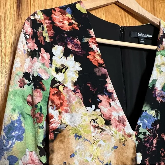 Badgley Mischka Dress Womens Size 4 Floral 3/4 Sleeve V-Neck Ruched Black Prom