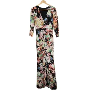 Badgley Mischka Dress Womens Size 4 Floral 3/4 Sleeve V-Neck Ruched Black Prom