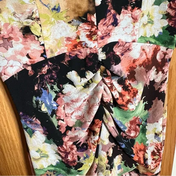Badgley Mischka Dress Womens Size 4 Floral 3/4 Sleeve V-Neck Ruched Black Prom