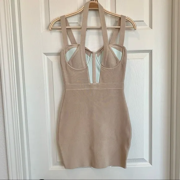 Bebe Beige Mint Colorblock Strappy Halter Bustier Bodycon Bandage Mini Dress
