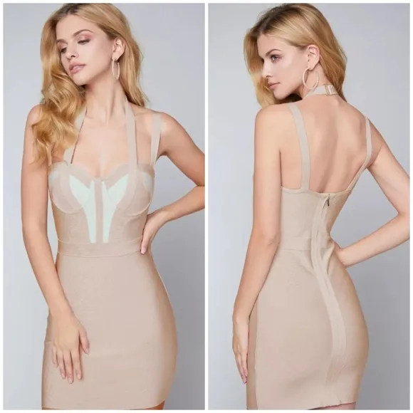 Bebe Beige Mint Colorblock Strappy Halter Bustier Bodycon Bandage Mini Dress