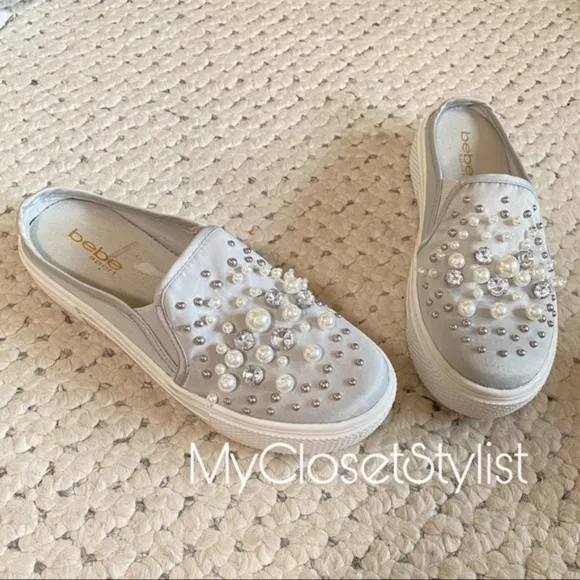 BEBE SPORT Studded Crystals Pearls Platform Sneakers 7.5 1/2 slip-on mule shoes