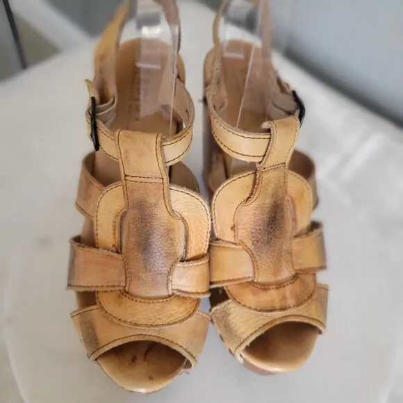 Bed Stu Sandals Womens Tan Leather Block Platform Wood Heel Melissa-US 7.5