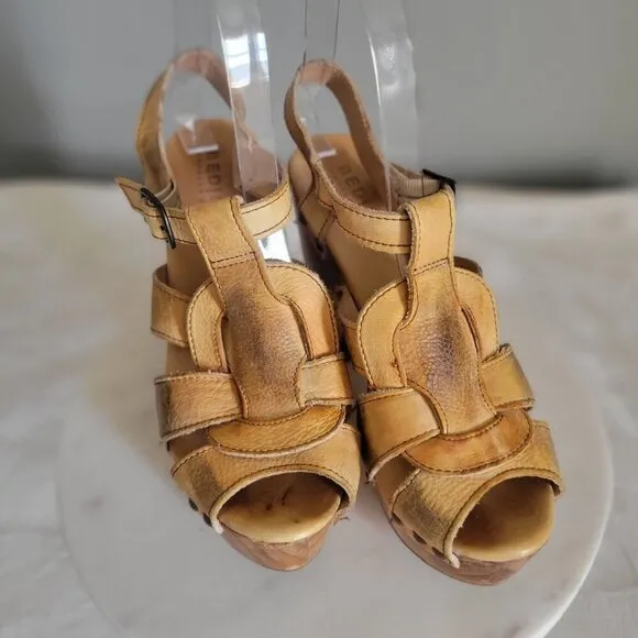 Bed Stu Sandals Womens Tan Leather Block Platform Wood Heel Melissa-US 7.5