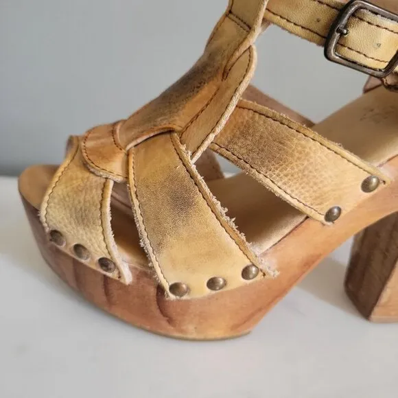 Bed Stu Sandals Womens Tan Leather Block Platform Wood Heel Melissa-US 7.5