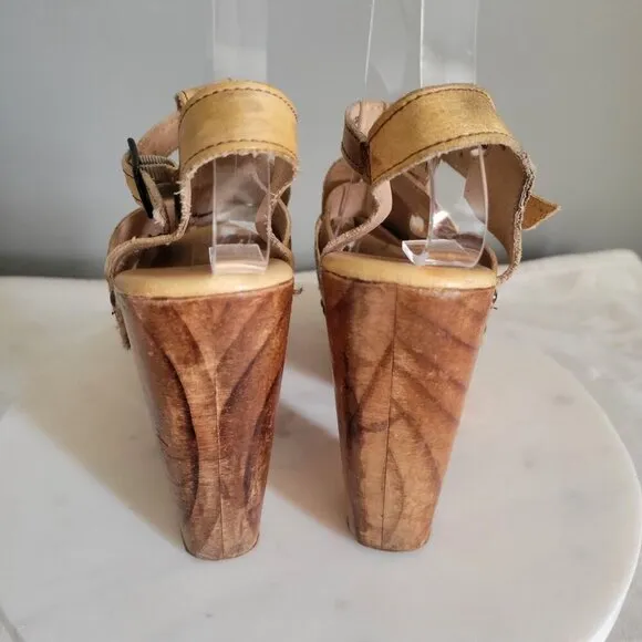 Bed Stu Sandals Womens Tan Leather Block Platform Wood Heel Melissa-US 7.5