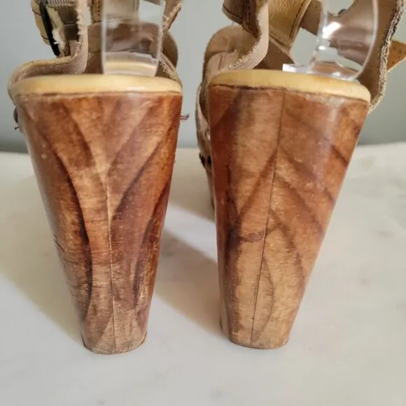 Bed Stu Sandals Womens Tan Leather Block Platform Wood Heel Melissa-US 7.5