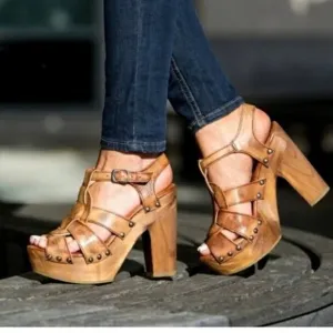 Bed Stu Sandals Womens Tan Leather Block Platform Wood Heel Melissa-US 7.5