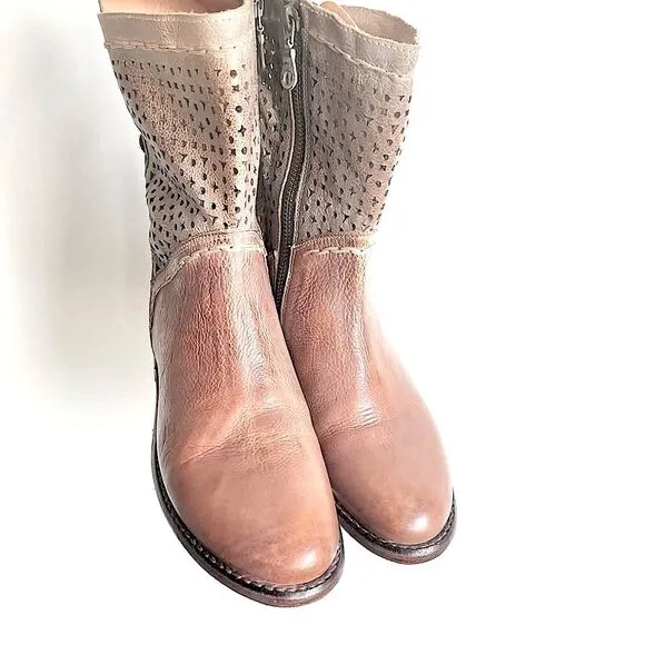 Bed Stu Tan Taupe Leather Cheshire Boots with Perforated Details Women’s Size 6