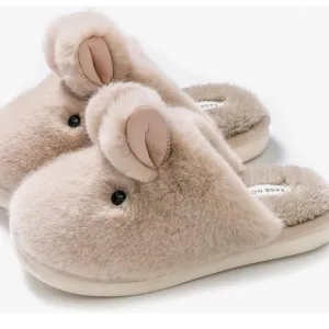 Beige snow bunny house slippers winter soft faux fur fluffy cute women size nwt