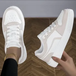 Beige Sporty Women's Casual Shoes Low-Top Flat Lace-Up Breathable Color Matching