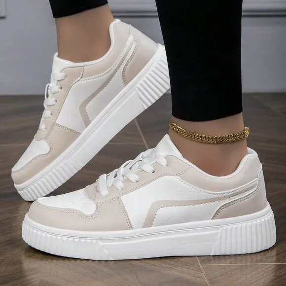 Beige Sporty Women's Casual Shoes Low-Top Flat Lace-Up Breathable Color Matching