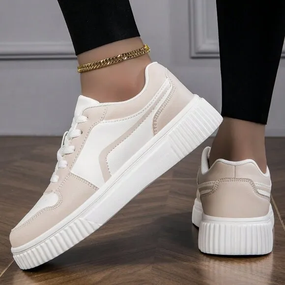Beige Sporty Women's Casual Shoes Low-Top Flat Lace-Up Breathable Color Matching