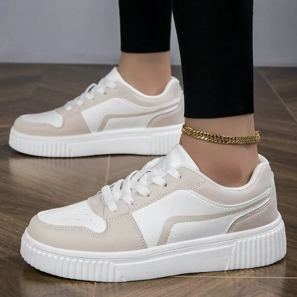 Beige Sporty Women's Casual Shoes Low-Top Flat Lace-Up Breathable Color Matching