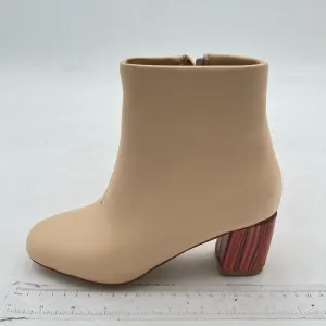 Beige Women Classic Round Toe Block Heel Elastic Side Zipper Ankle Booties
