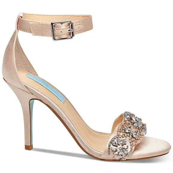 Betsey Johnson Gina Jeweled Ankle Strap Dress Sandals Champagne Satin Heels 9.5